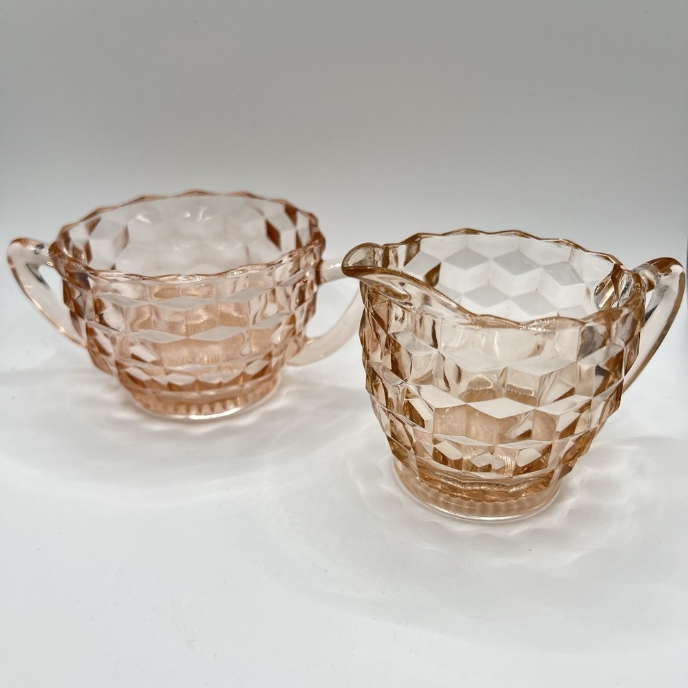 Jeannette Cube Cubist Pink Depression Glass Creamer  Open Sugar Bowl Set Vintage